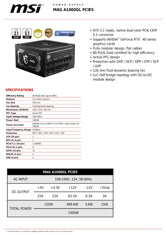 MSI MAG A1000GL PCIE5