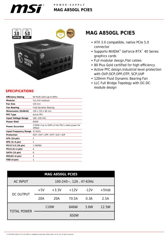 MSI MAG A850GL PCIE5