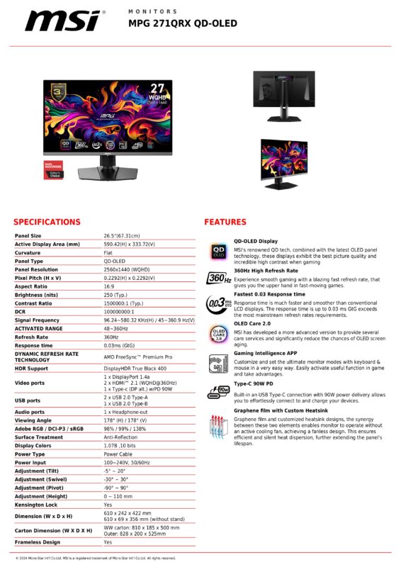MSI MPG 271QRX, 27" 2K (2560x1440) WQHD 360Hz 0.03ms, QD-OLED Gaming ...