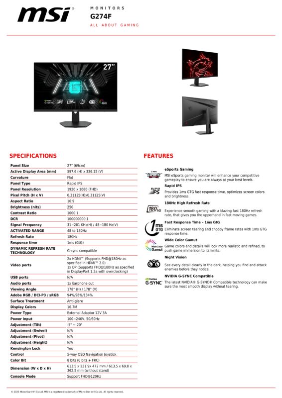 MSI G274F SPECS