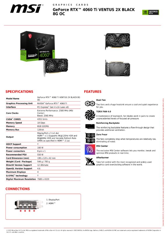 MSI RTX 4060 TI VENTUS 2X 8GB OC BLACK EDITION SPECS