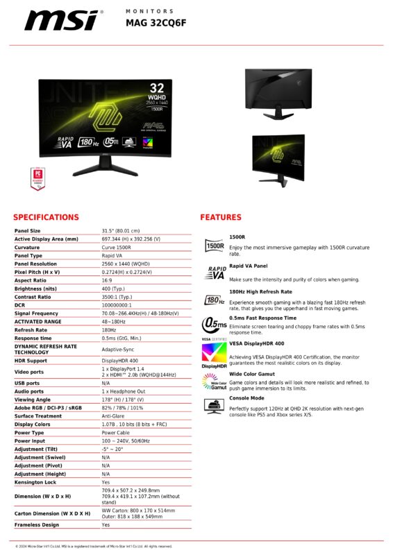 MSI MAG 32CQ6F SPECS