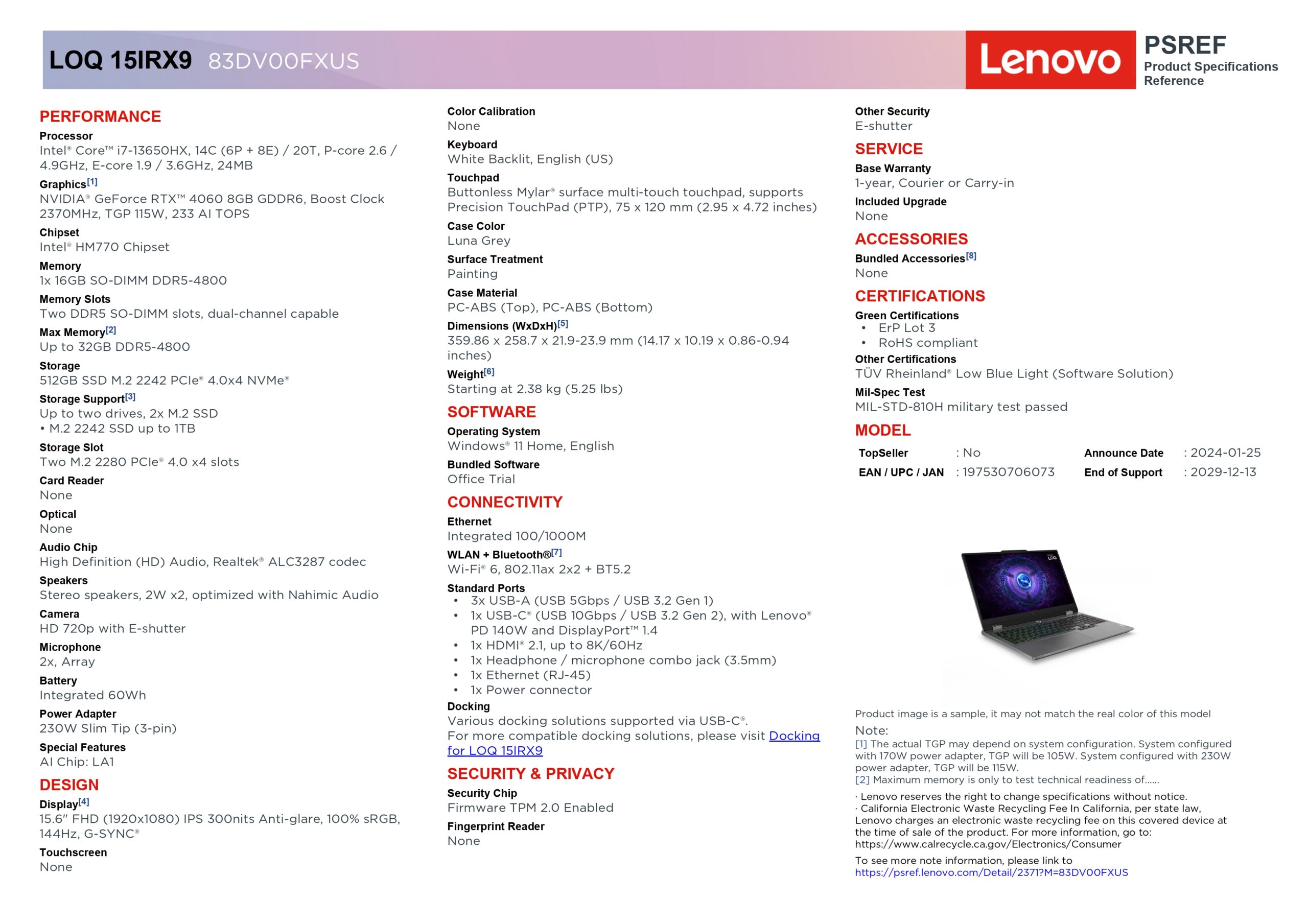 LENOVO LOQ 15 15IRX9 SPECS