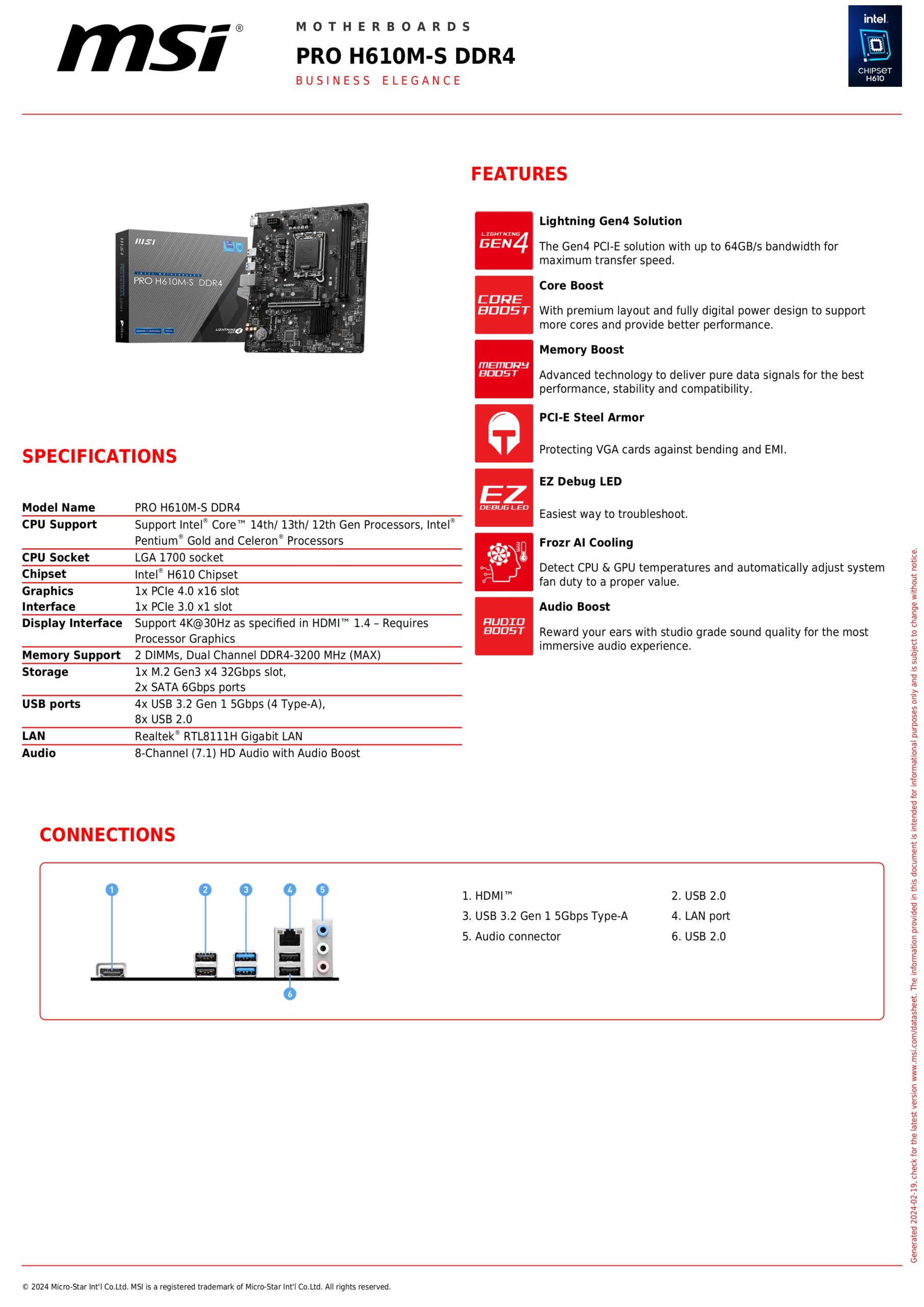 MSI PRO H610M-S DDR4 SPECS