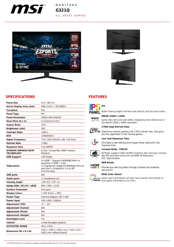 MSI G321Q SPECS