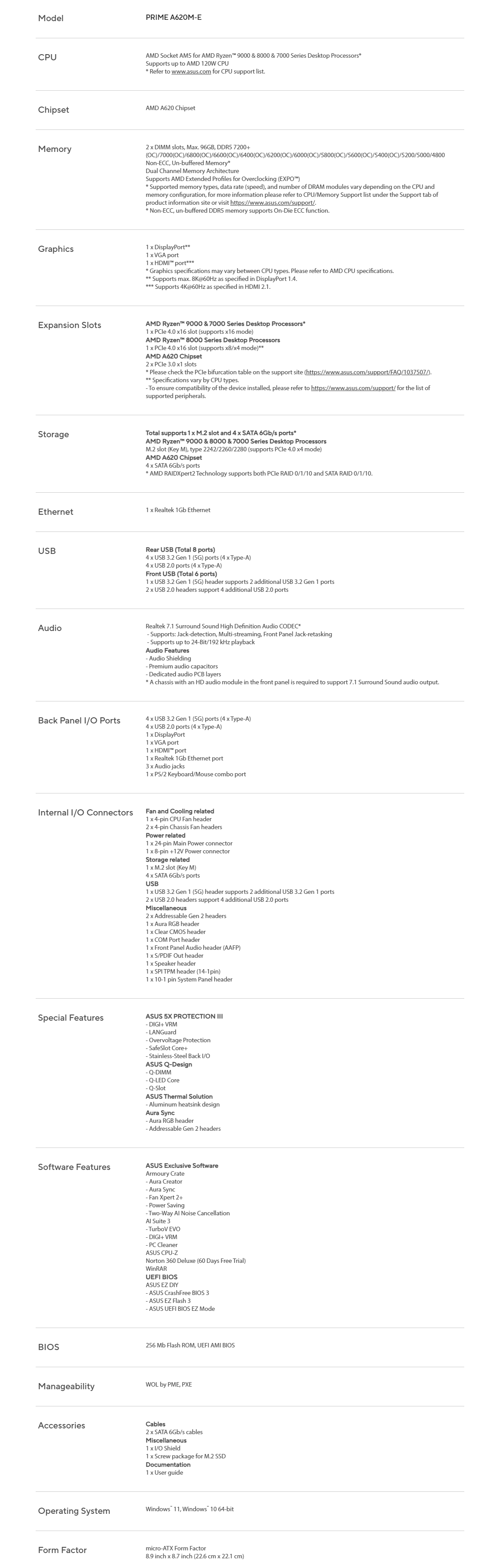 ASUS PRIME A620M-E SPECS