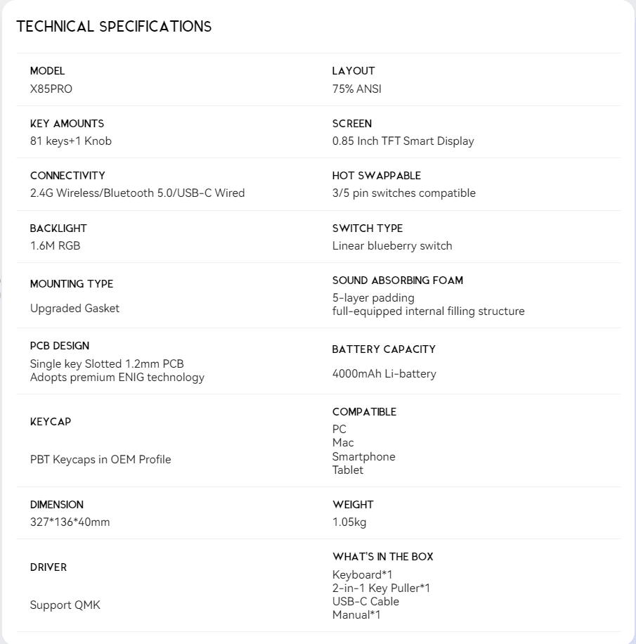 ATTACK SHARK K85PRO SPECS