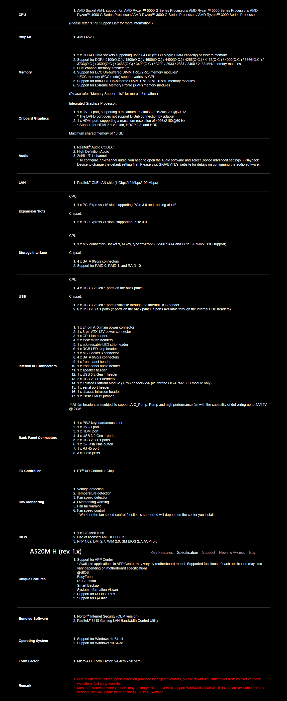 GIGABYTE A520M H SPECS