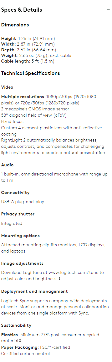 LOGITECH BRIO 105 SPECS