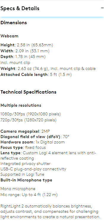 LOGITECH BRIO 300 SPECS