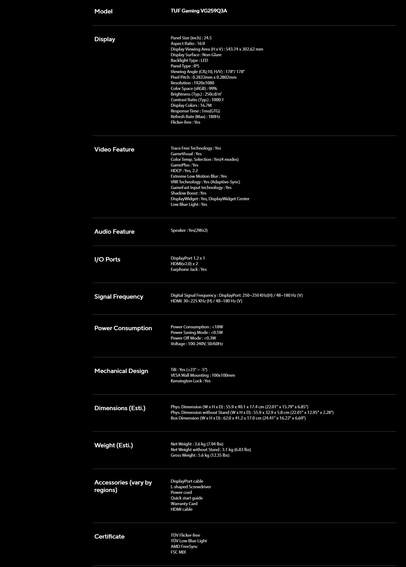 ASUS TUF GAMING VG259Q3A SPECS
