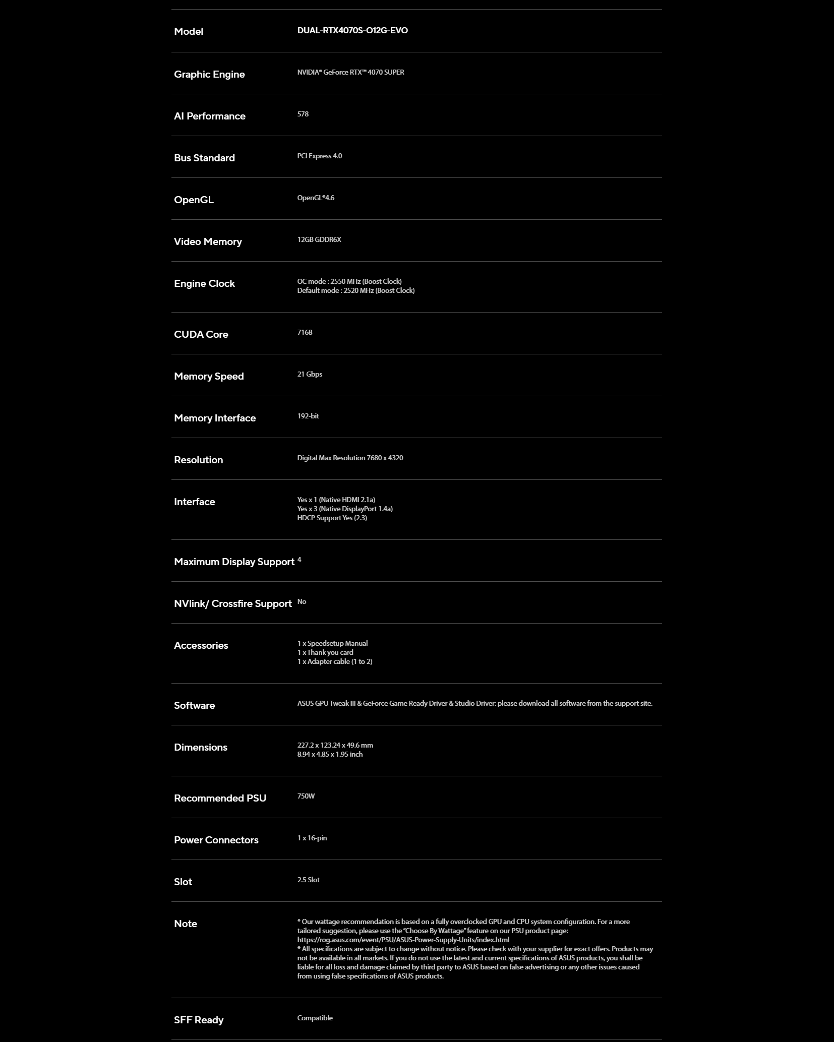 ASUS DUAL RTX 4070 SUPER EVO 12GB OC SPECS