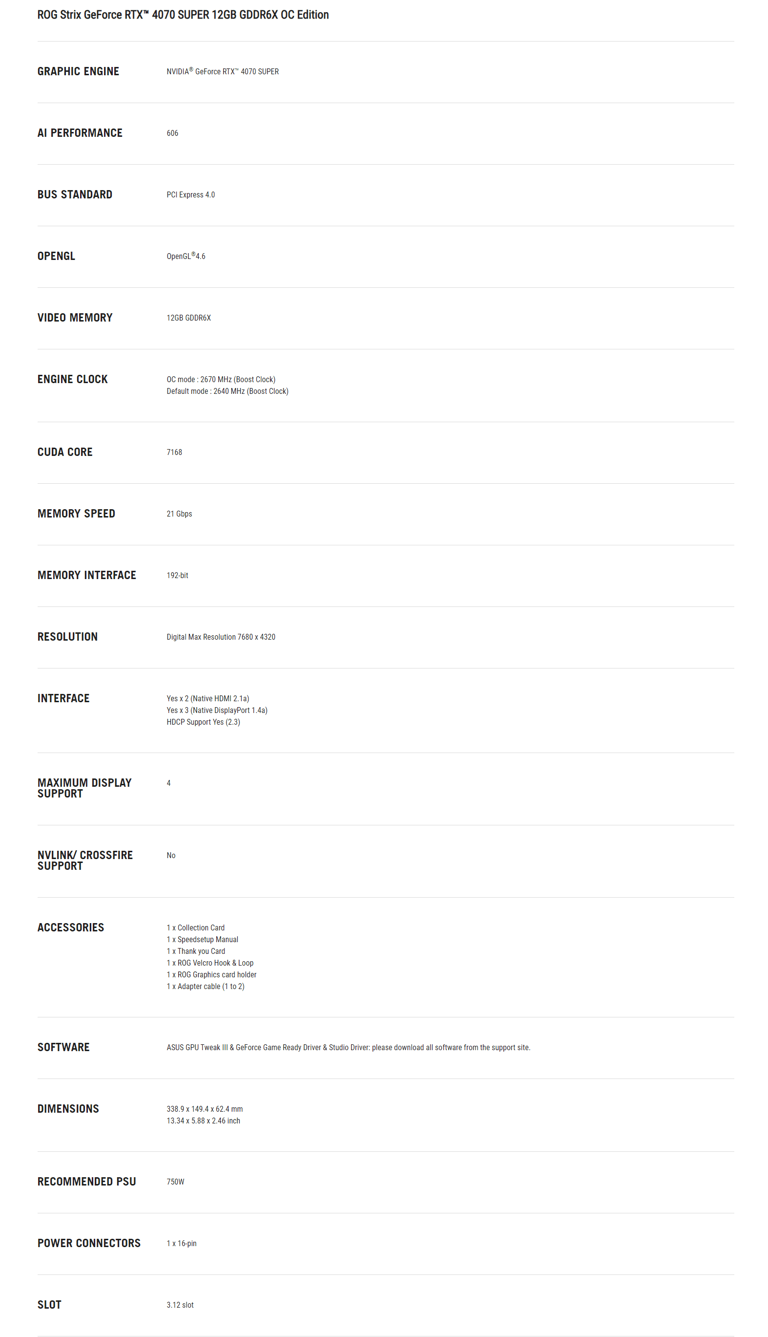 ASUS ROG STRIX RTX 4070 SUPER OC SPECS