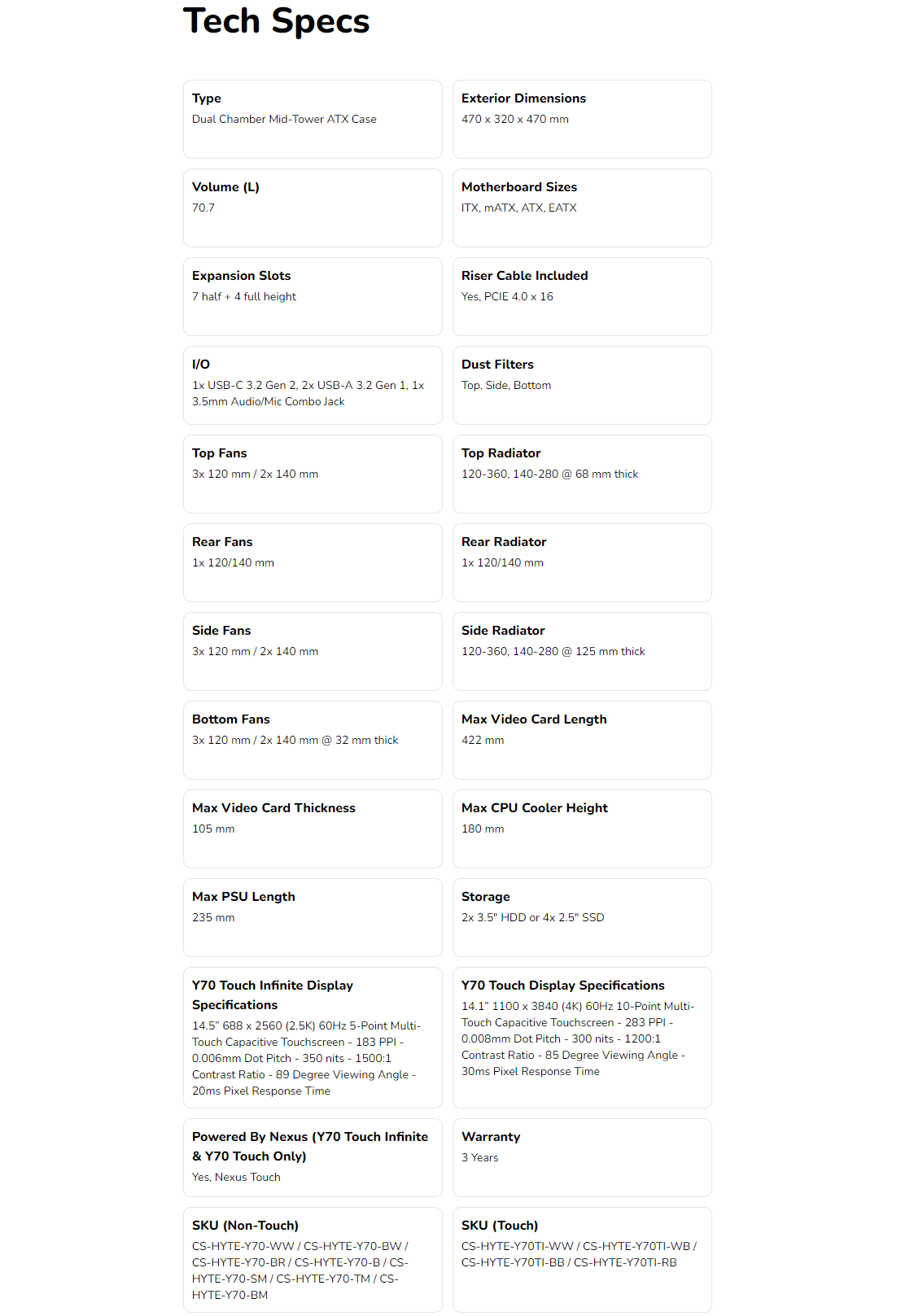 HYTE Y70 INFINITE TOUCH SPECS