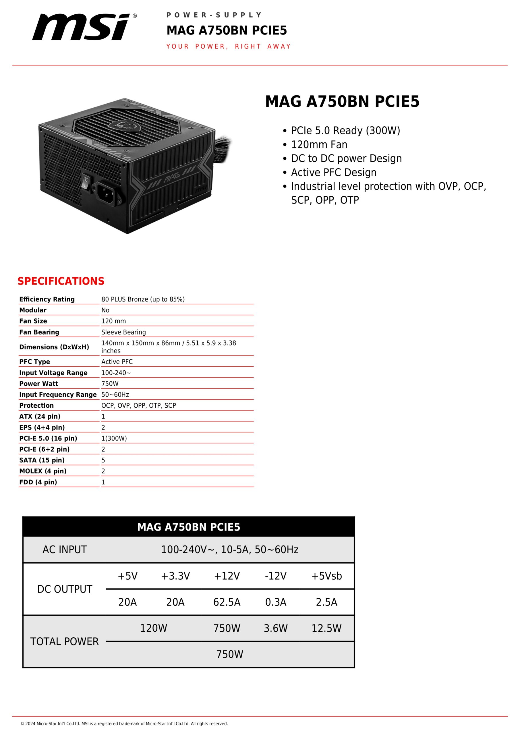 MSI MAG A750BN SPECS