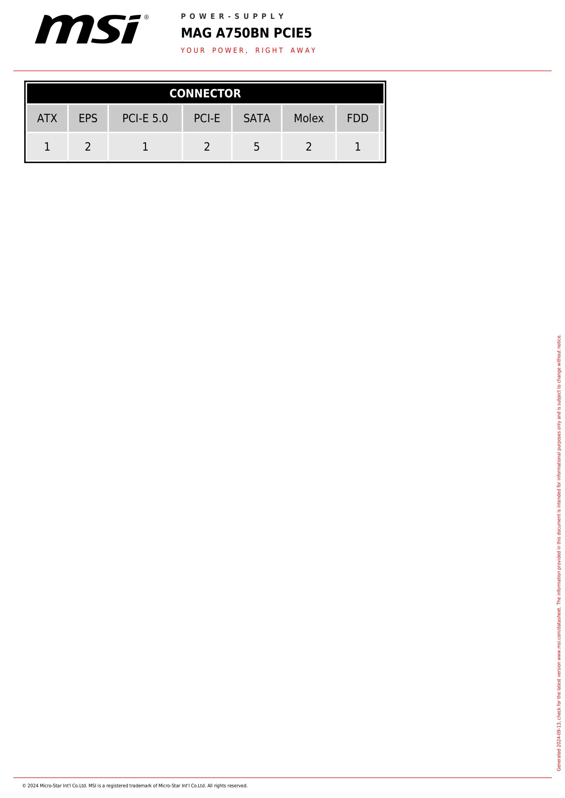 MSI MAG A750BN SPECS