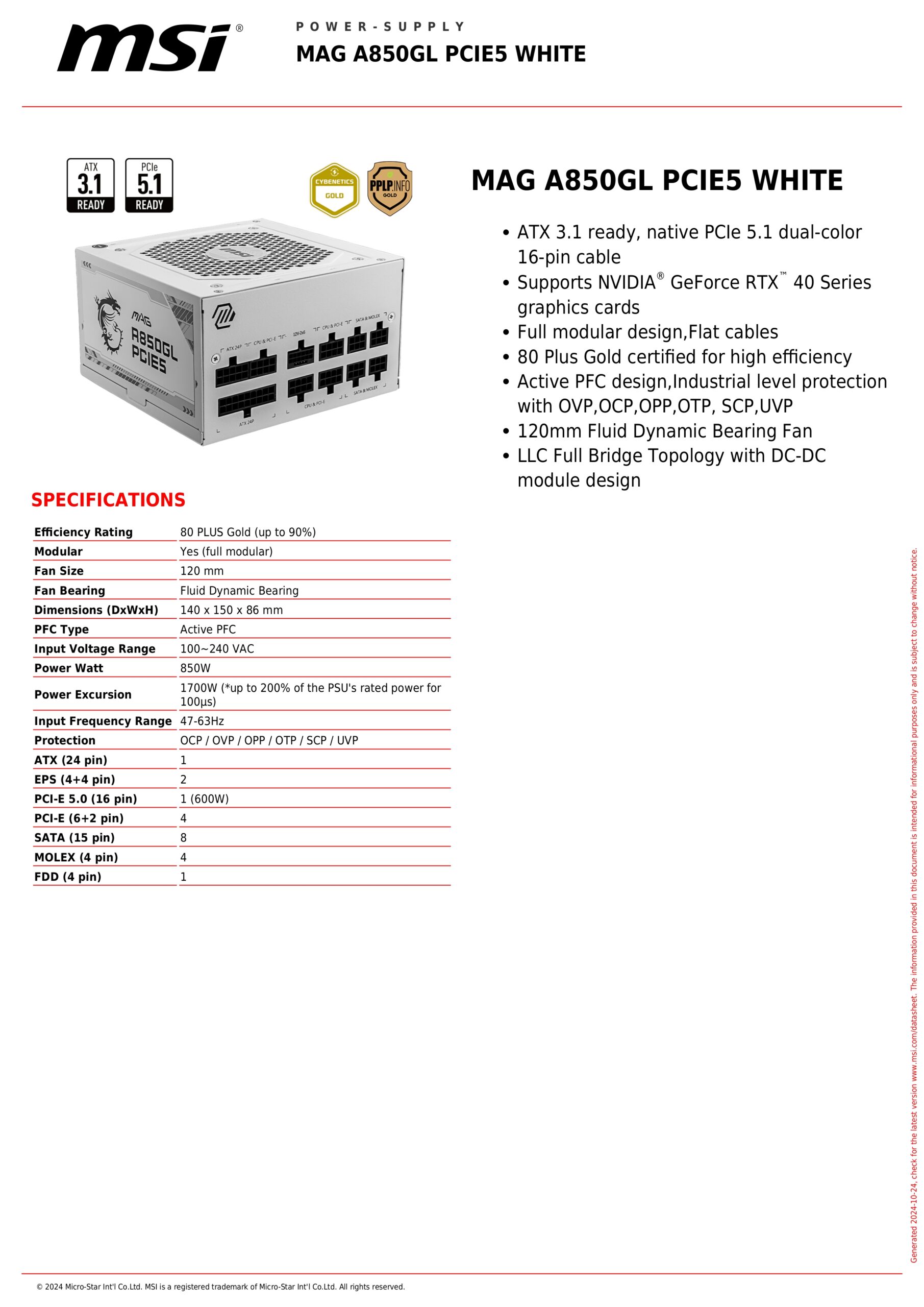 MSI MAG A850GL WHITE