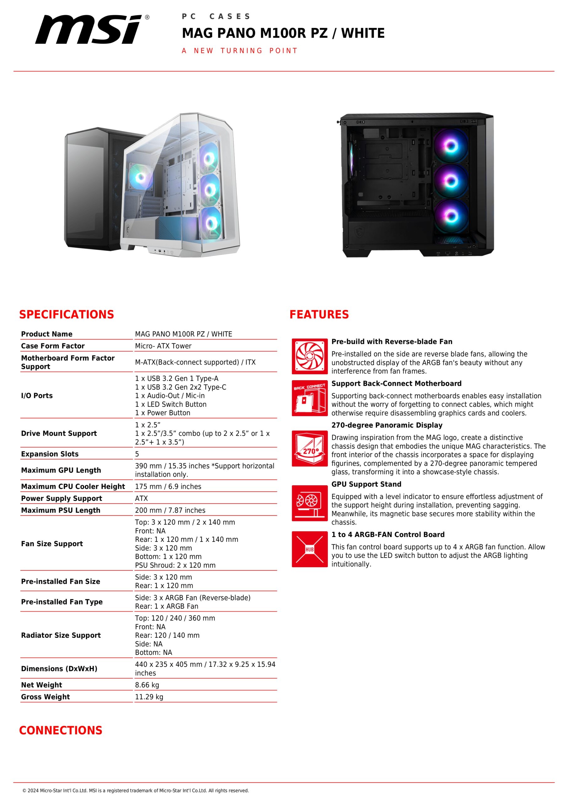 MSI MAG PANO M100R PZ M-ATX Gaming Case | Black | White MSI MAG PANO M100R PZ M-ATX Gaming Case | Black | White