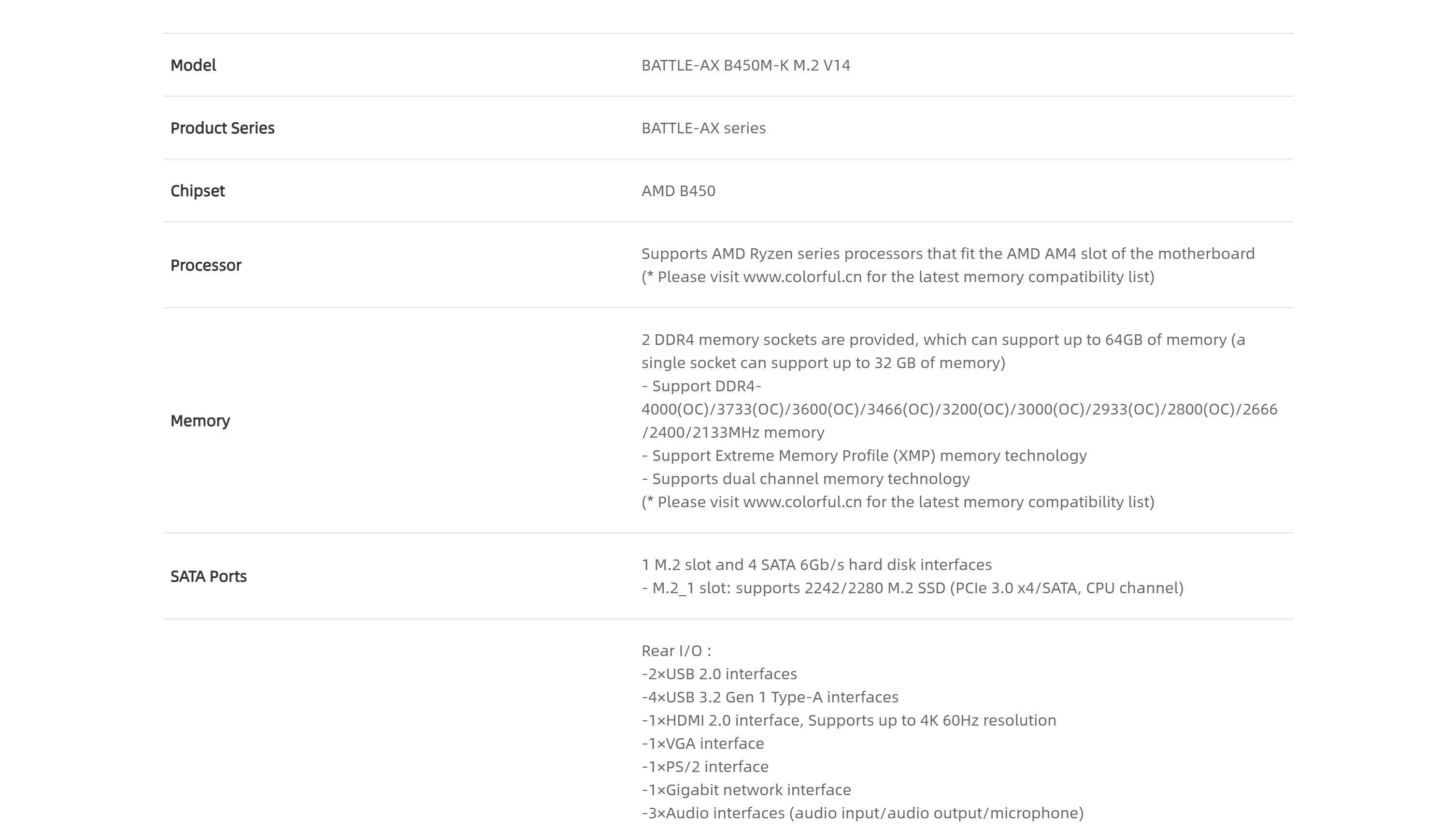 COLORFUL BATTLE-AX B450M-K SPECS