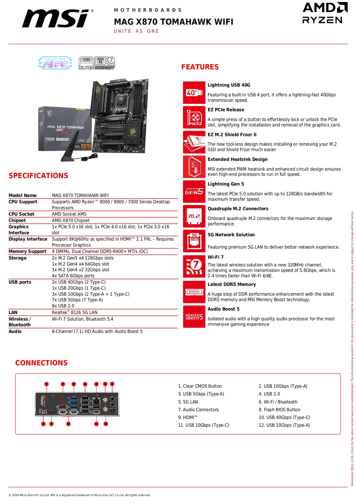 MSI MAG X870 Tomahawk WIFI SPECS