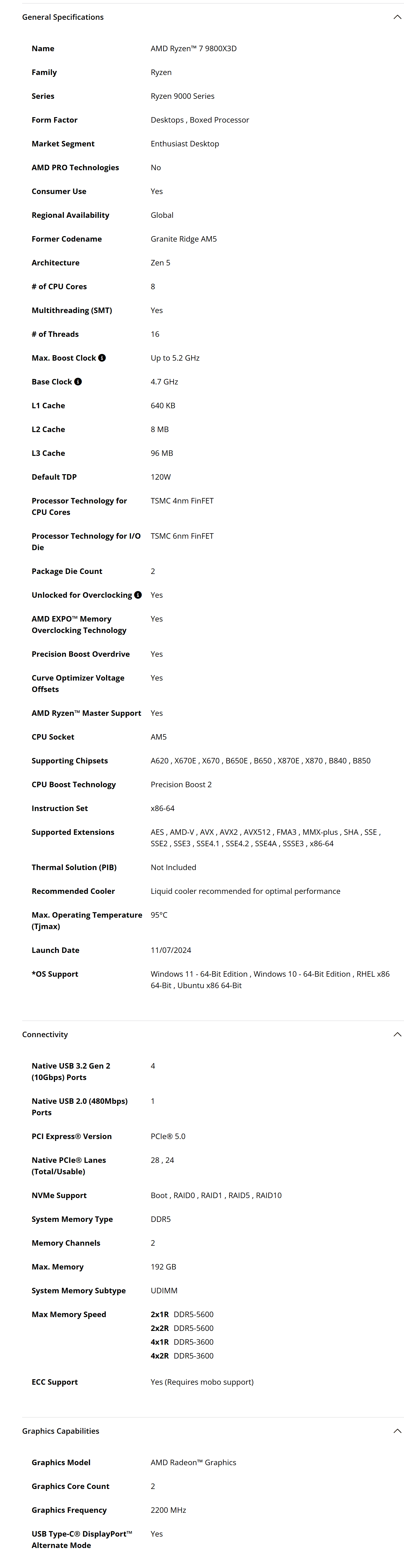 RYZEN 7 9800X3D SPECS
