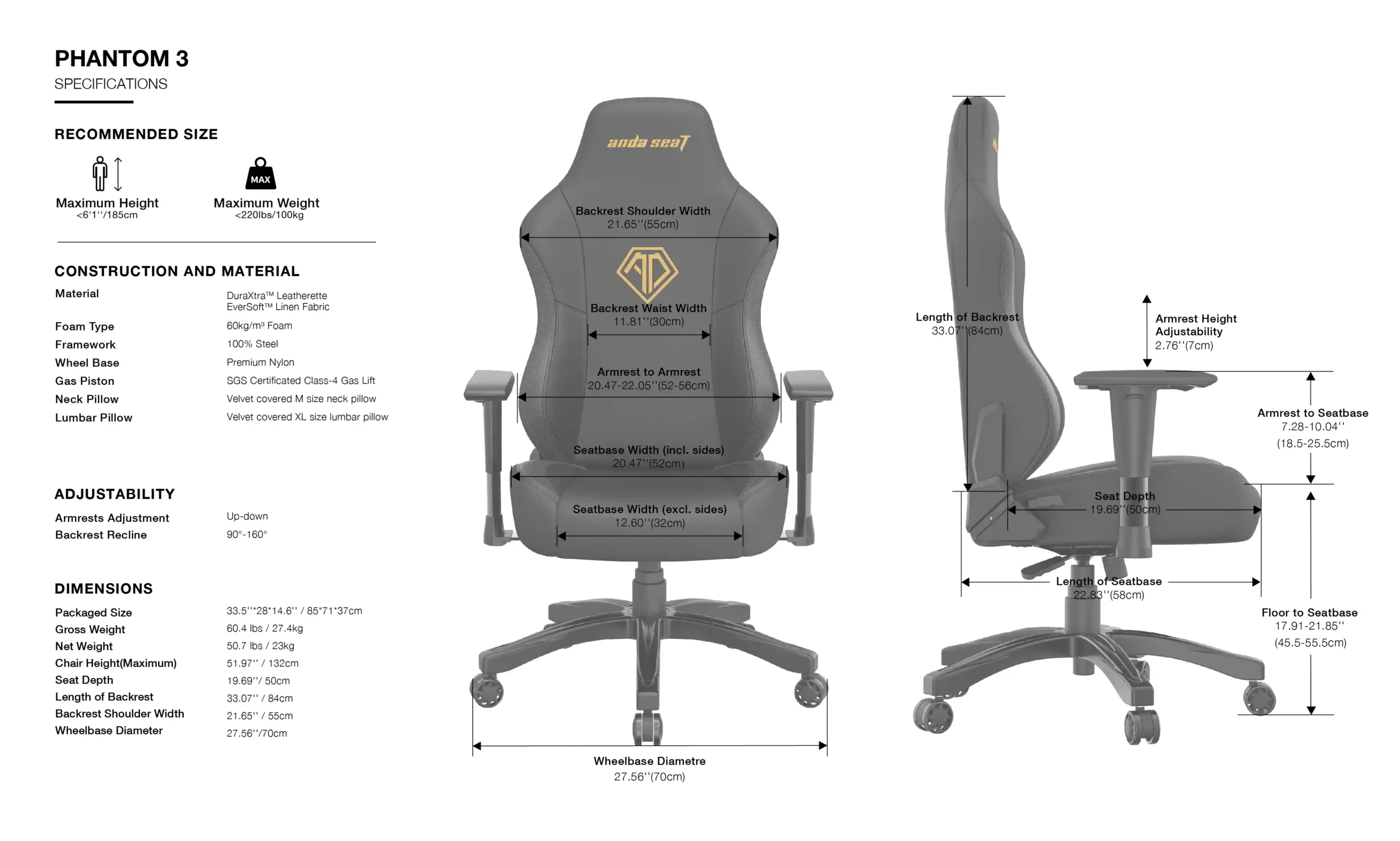 ANDASEAT PHANTOM 3 SPECS