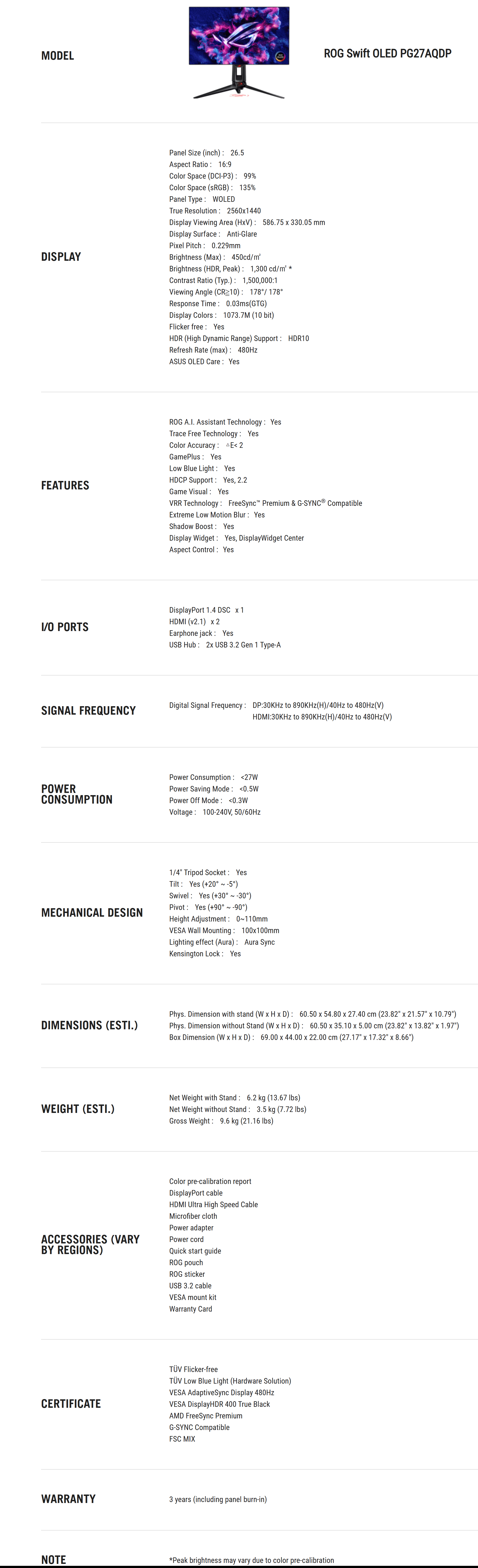 ASUS ROG SWIFT OLED PG27AQDP SPECS