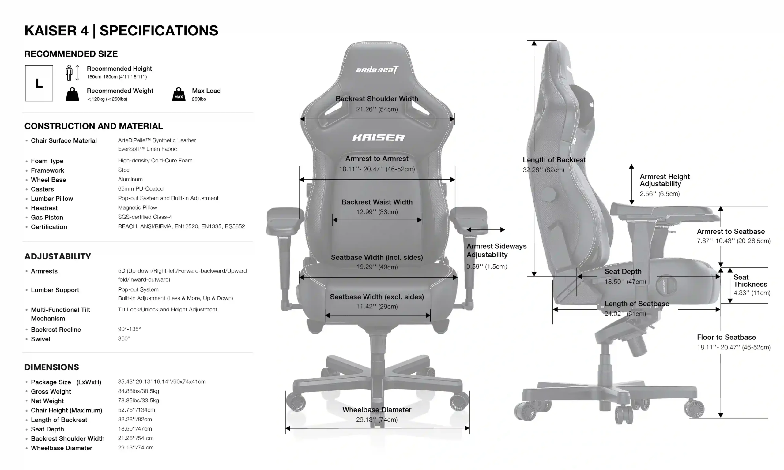 AndaSeat Kaiser 4 Large Specs