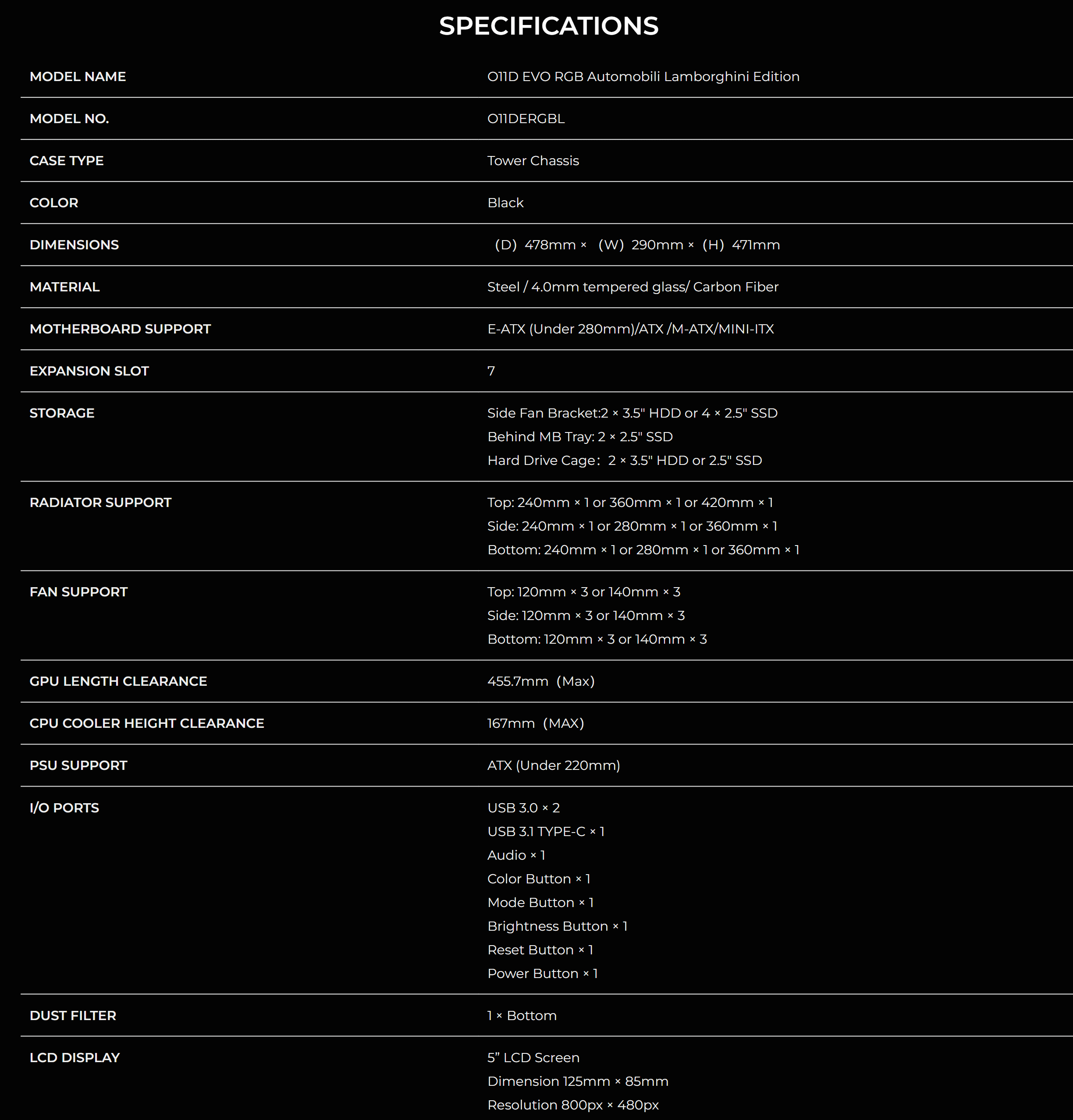 LIAN LI O11 DYNAMIC EVO RGB AUTOMOBILI LAMBORGHINI EDITION SPECS