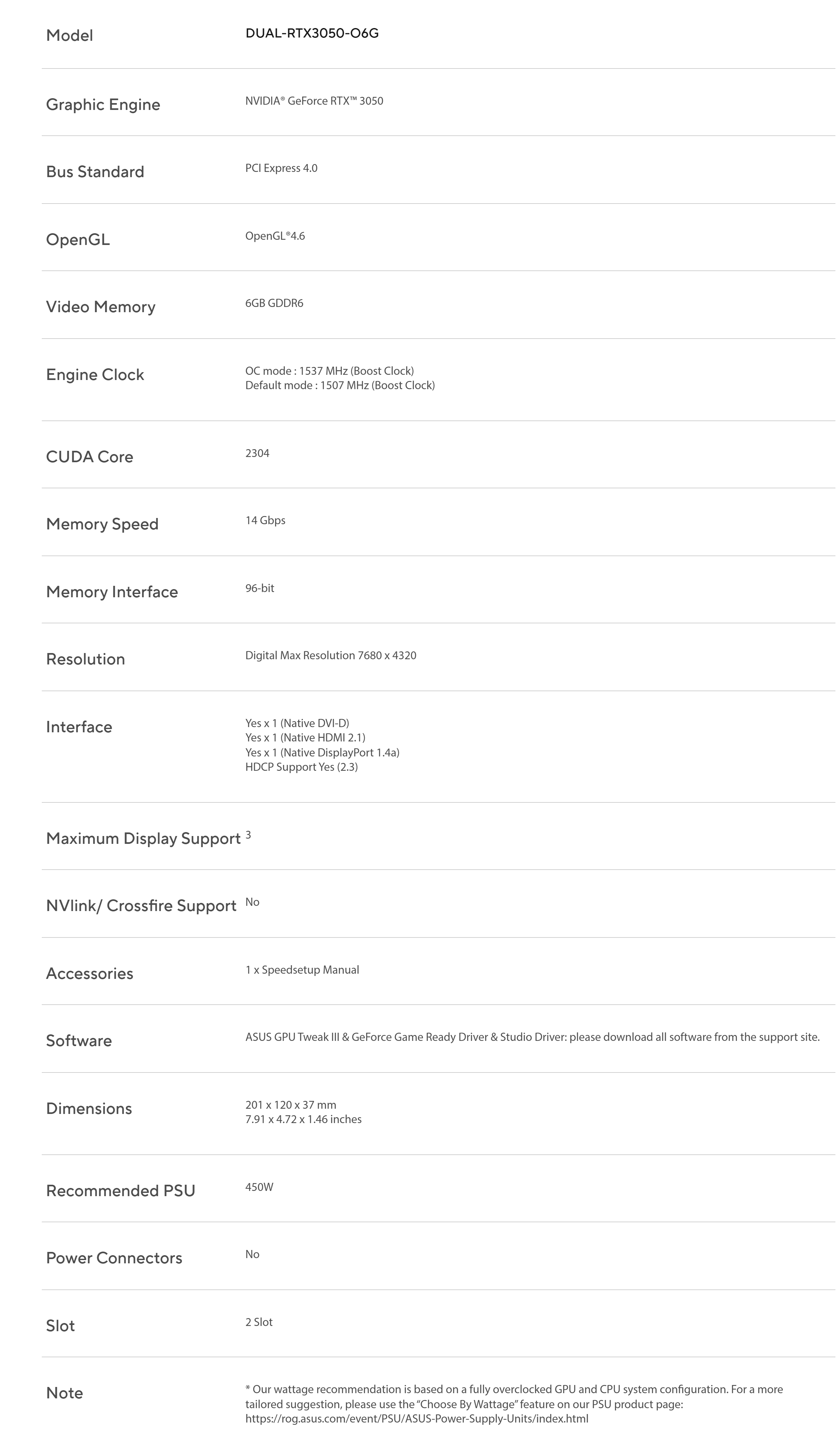 ASUS DUAL RTX 3050 OC SPECS