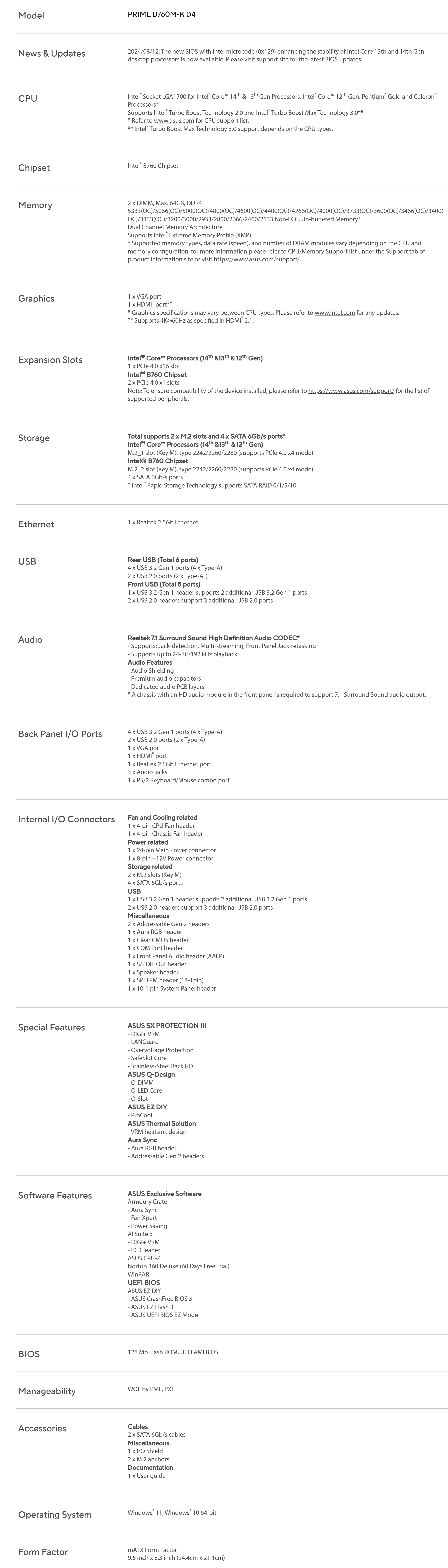 ASUS PRIME B760M-K D4 SPECS
