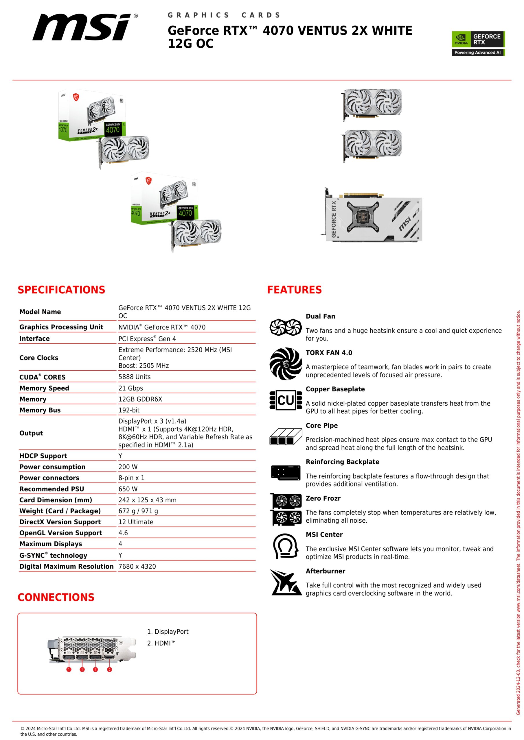 MSI RTX 4070 VENTUS 2X WHITE SPECS