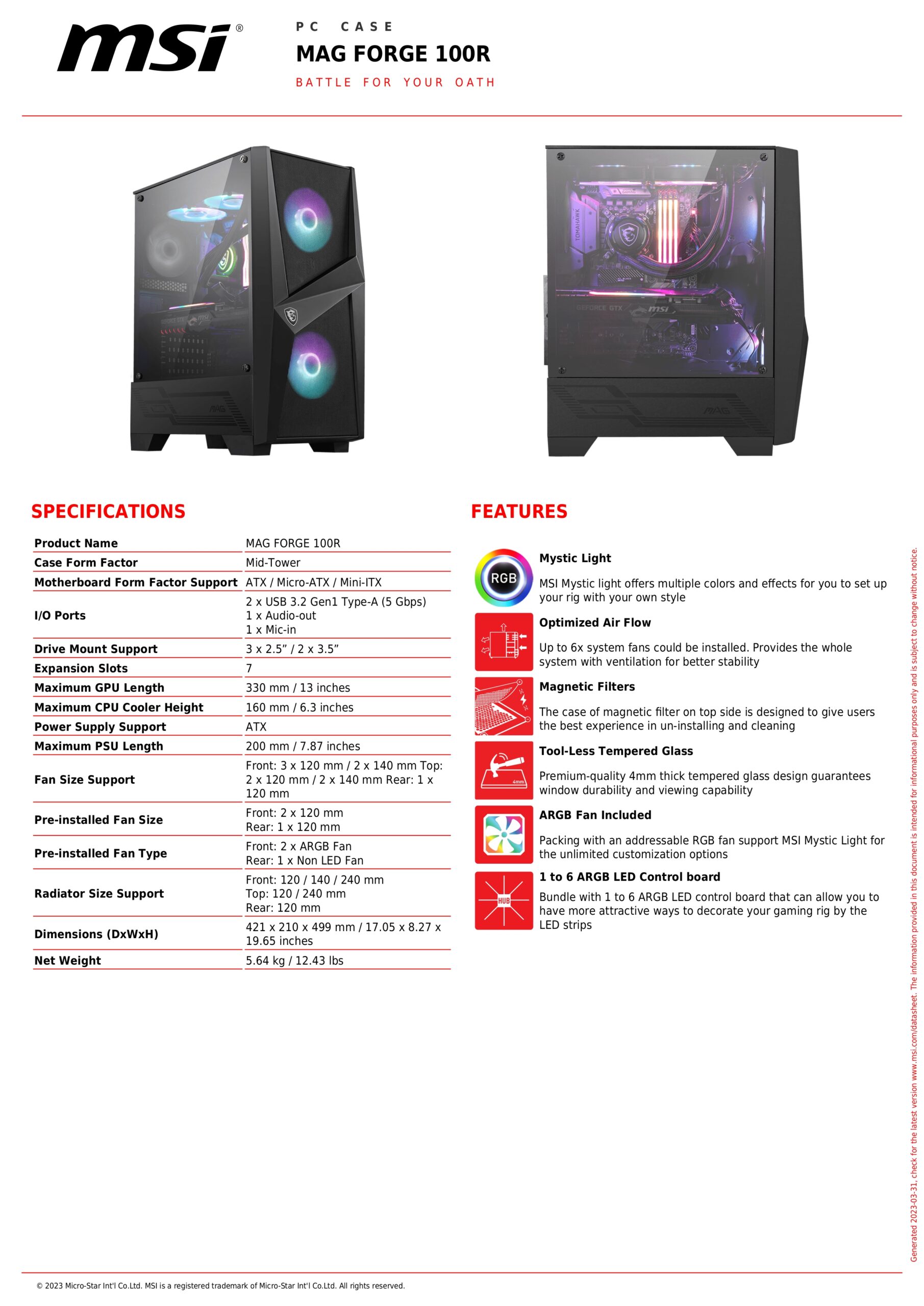 MSI MAG FORGE M100R SPECS