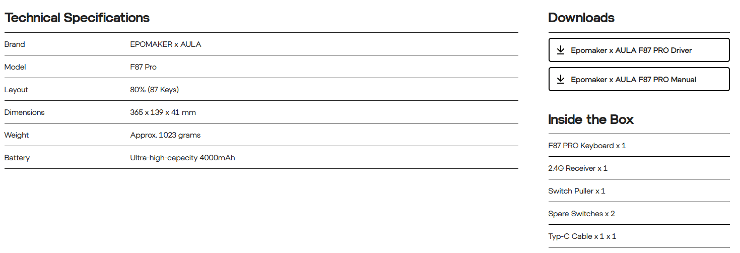 AULA F87 PRO TKL SPECS