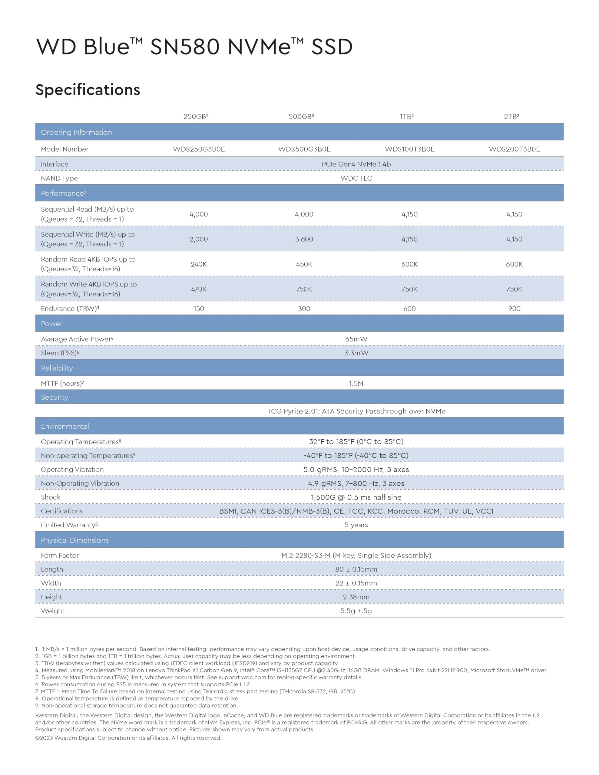 WD BLUE SN580 SPECS