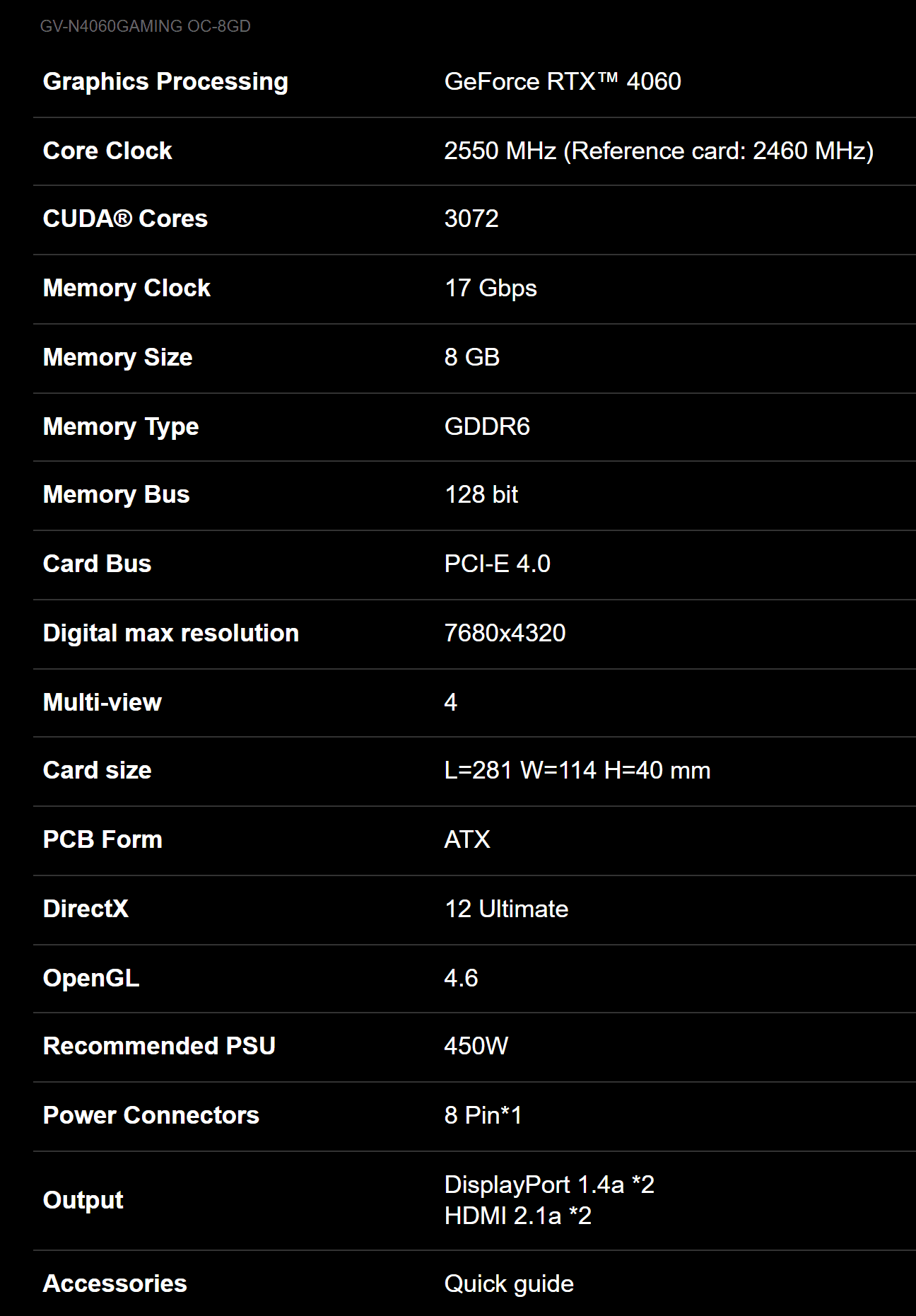 GIGABYTE RTX 4060 GAMING 8GB OC SPECS