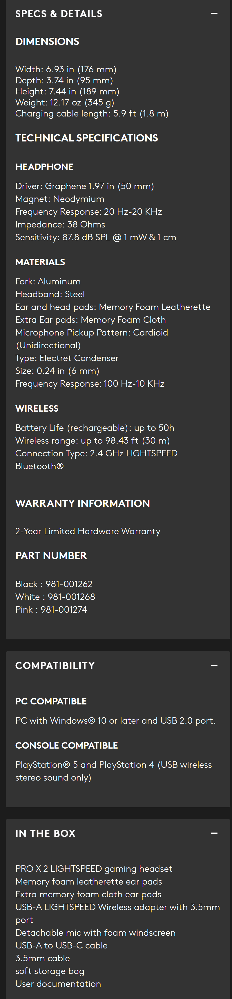 LOGITECH G PRO X 2 LIGHTSPEED SPECS