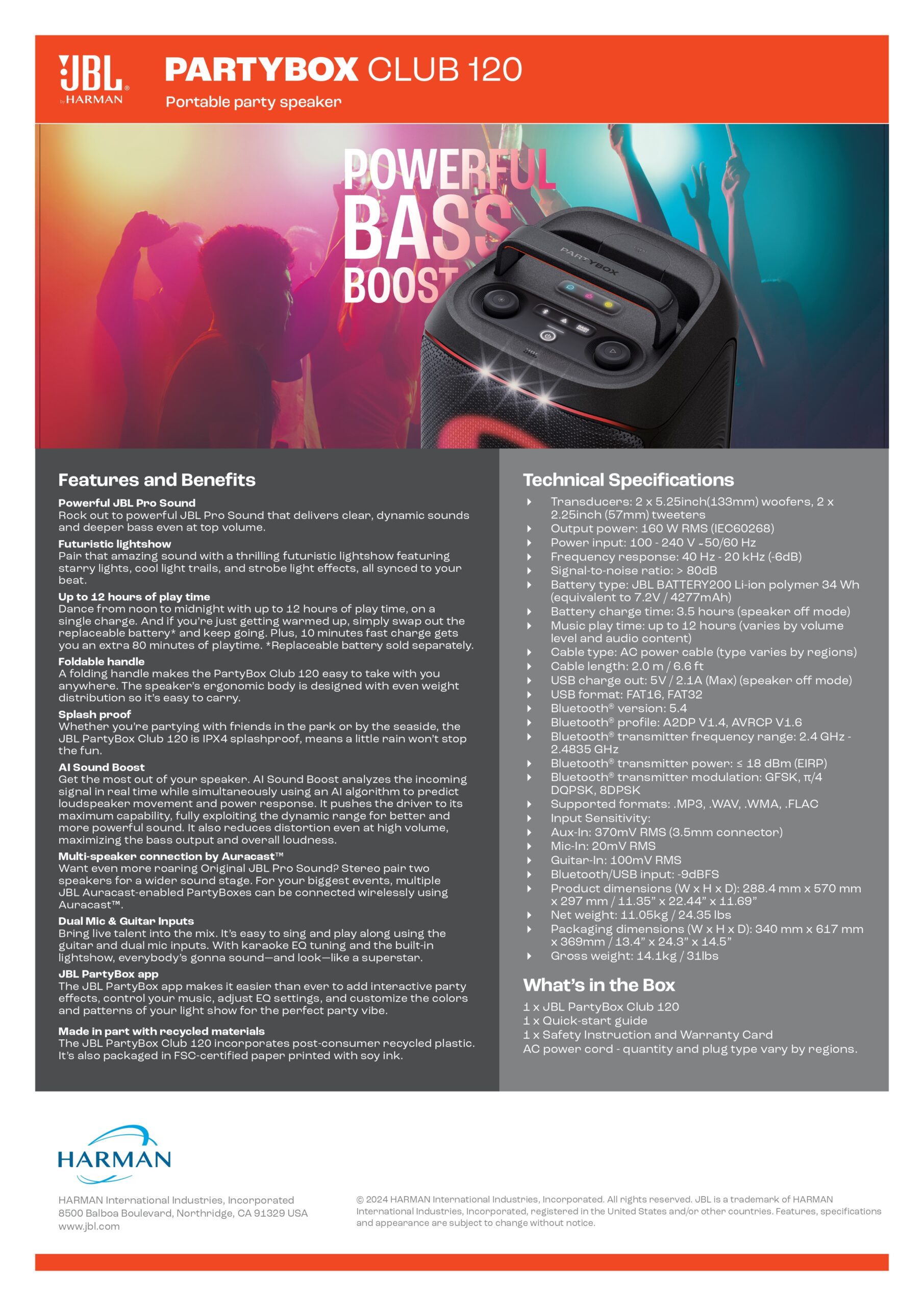 JBL PARTYBOX CLUB 120 SPECS