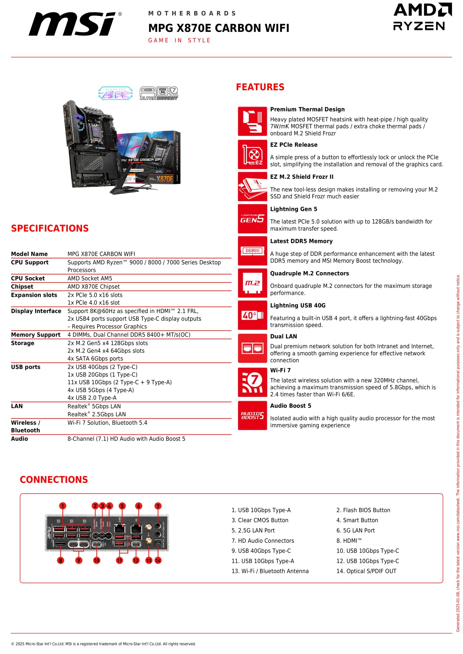 MSI MPG X870E CARBON WIFI SPECS