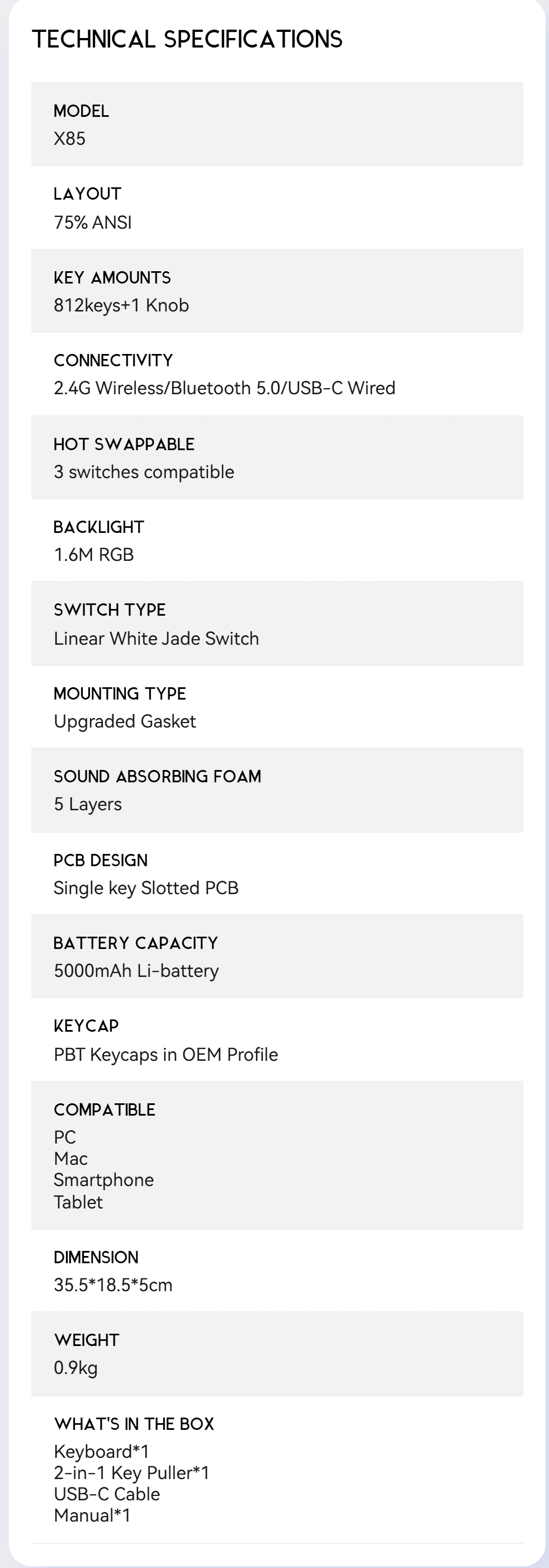 ATTACK SHARK X85 SPECS
