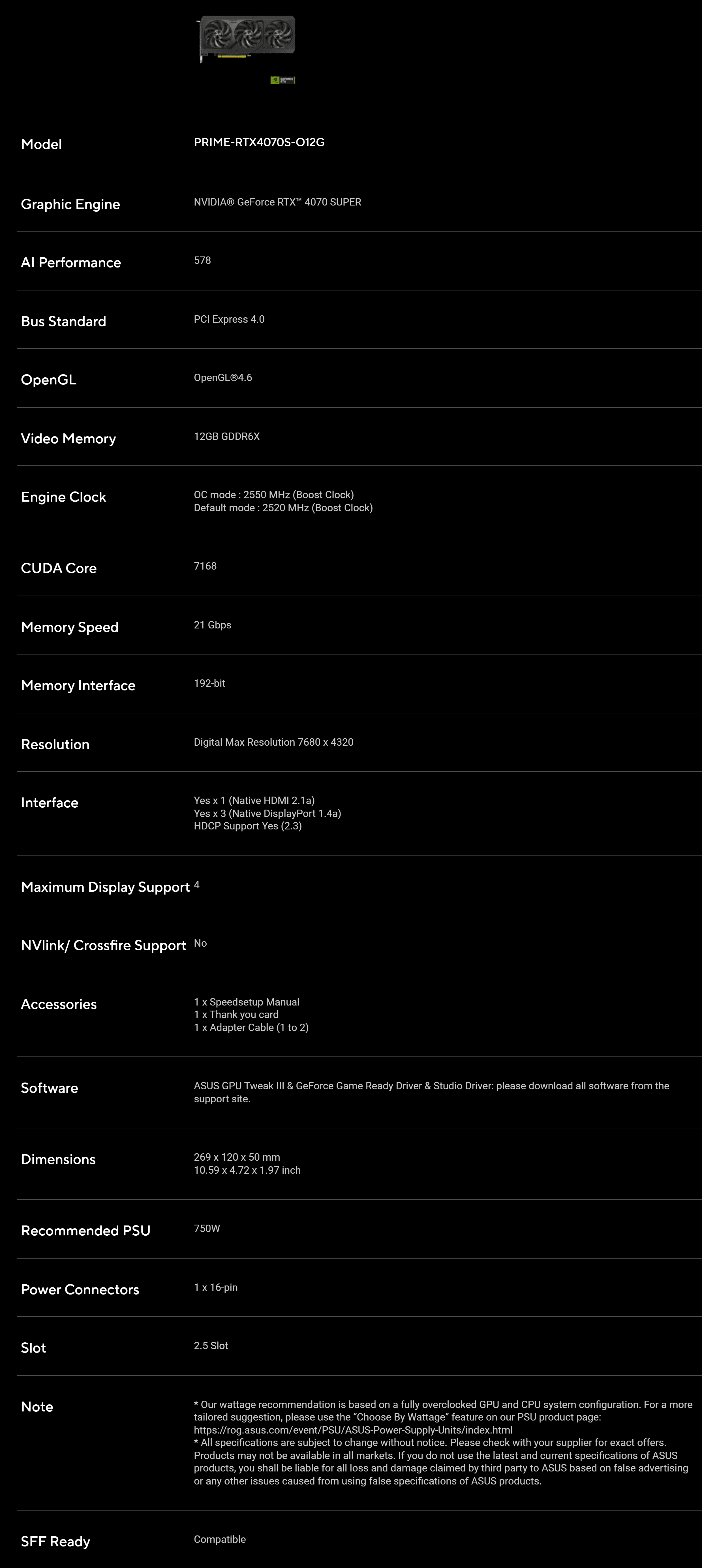 ASUS PRIME RTX 4070 SUPER OC 12GB SPECS