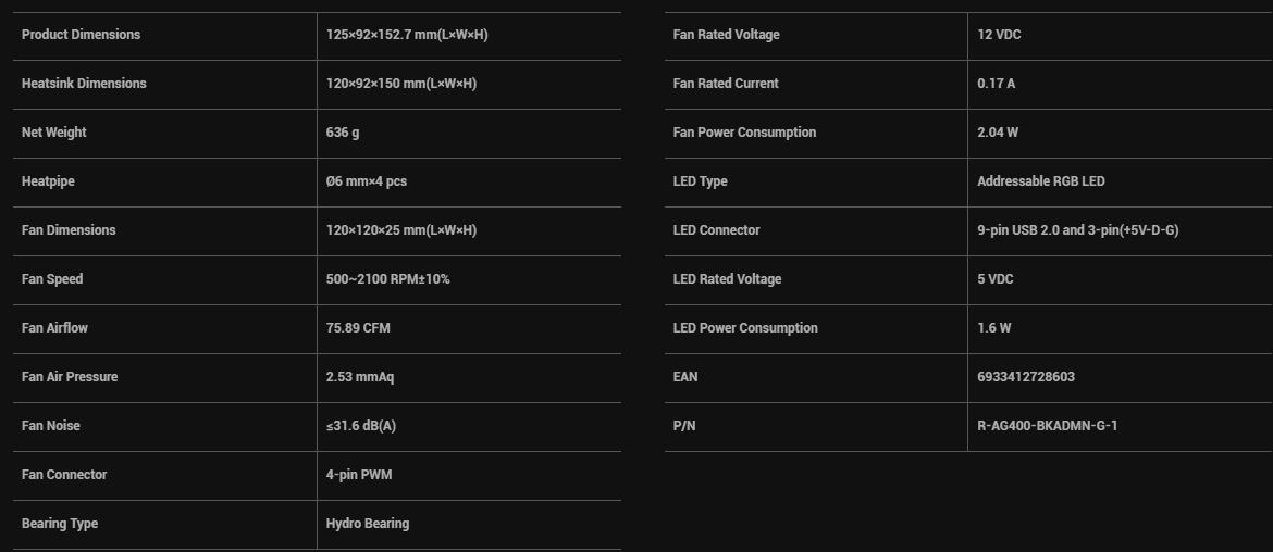 DEEPCOOL AG400 DIGITAL ARGB SPECS