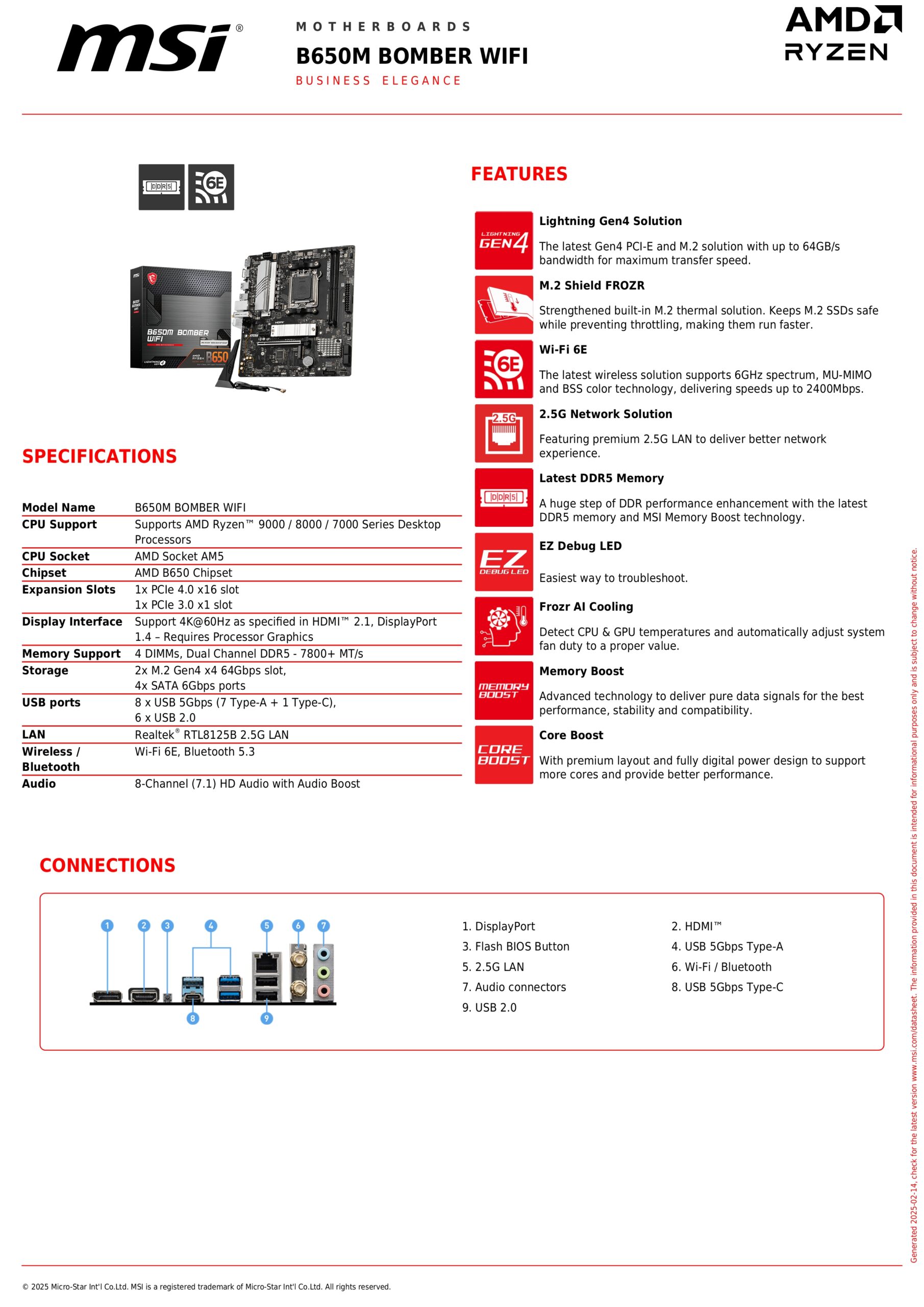 MSI B650M BOMBER WIFI SPECS