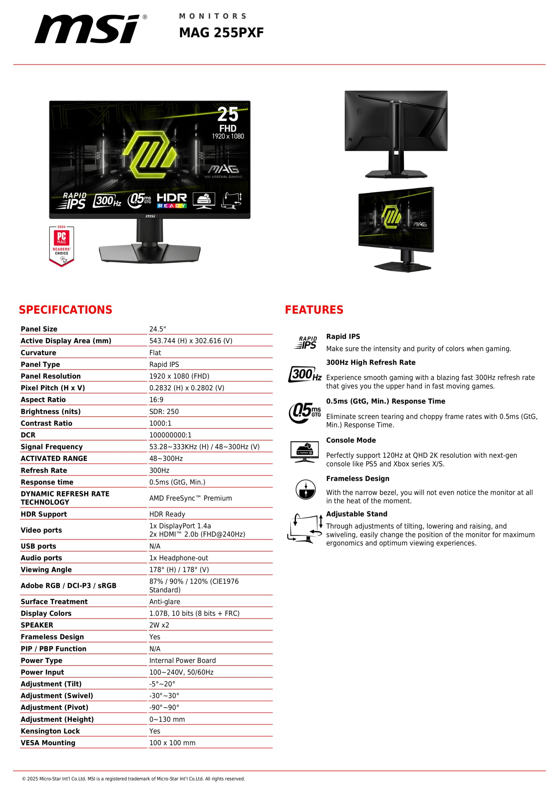 MSI MAG 255PXF SPECS