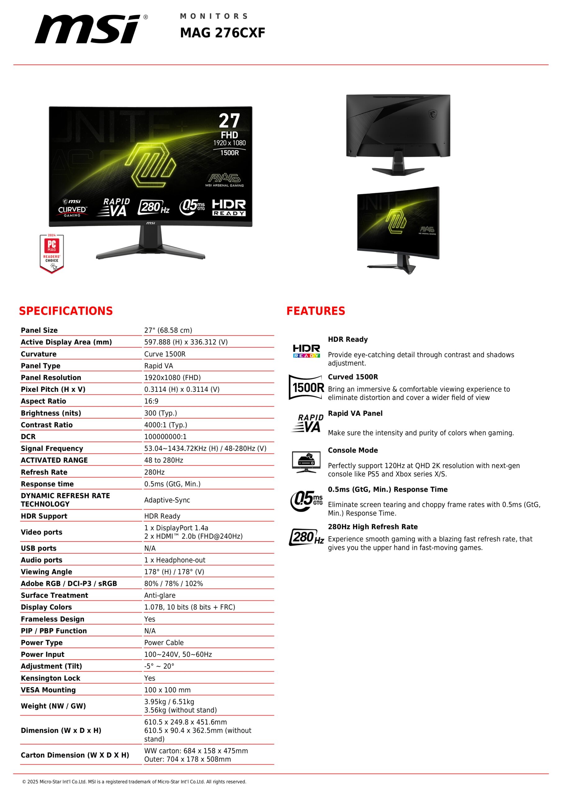 MSI MAG 276CXF SPECS