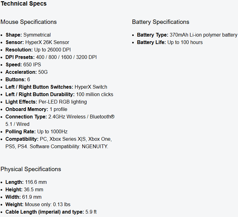 HYPERX PULSEFIRE HASTE 2 MINI WIRELESS SPECS