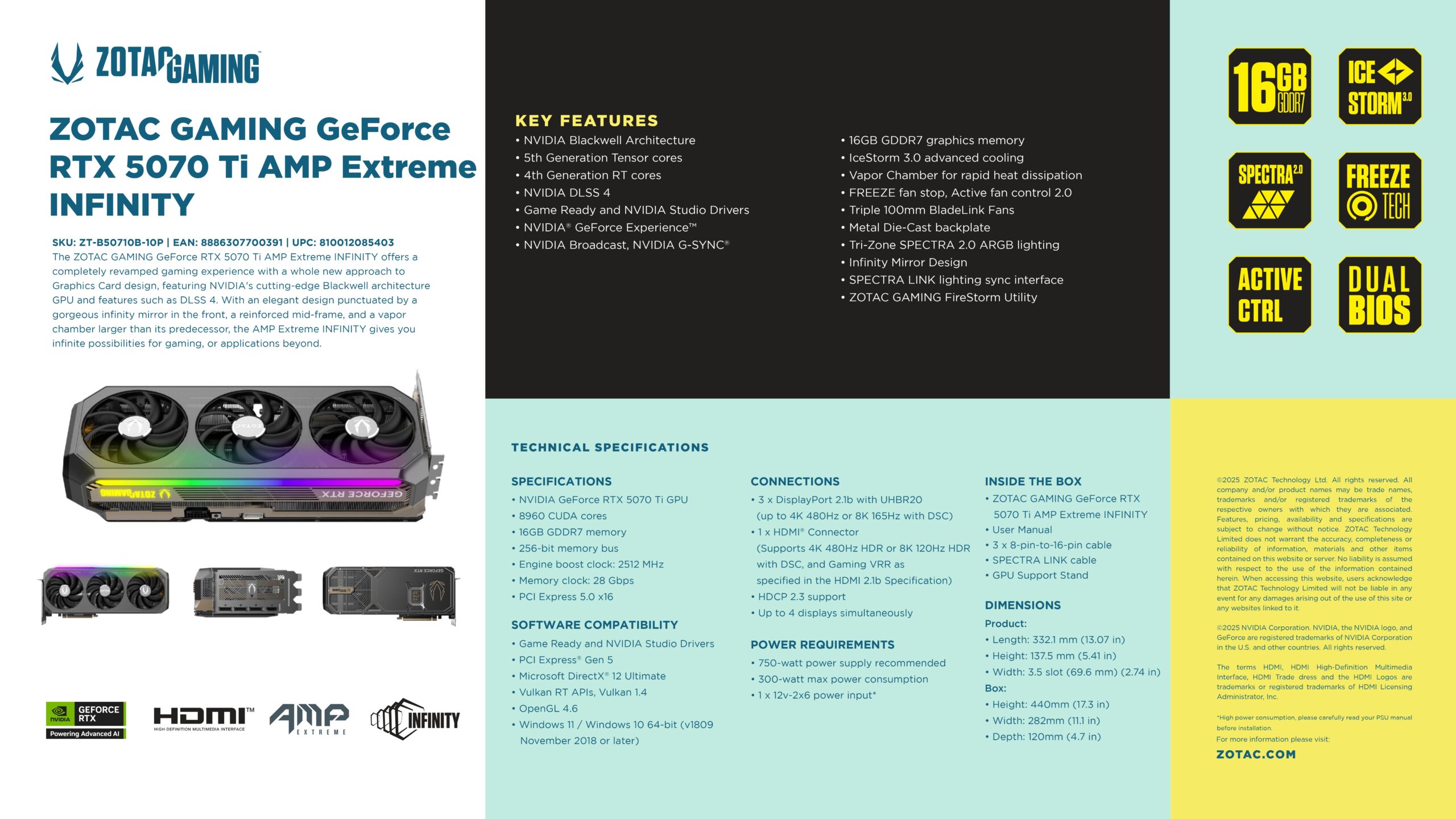 ZOTAC RTX 5070 TI AMP EXTREME INFINITY 16GB SPECS