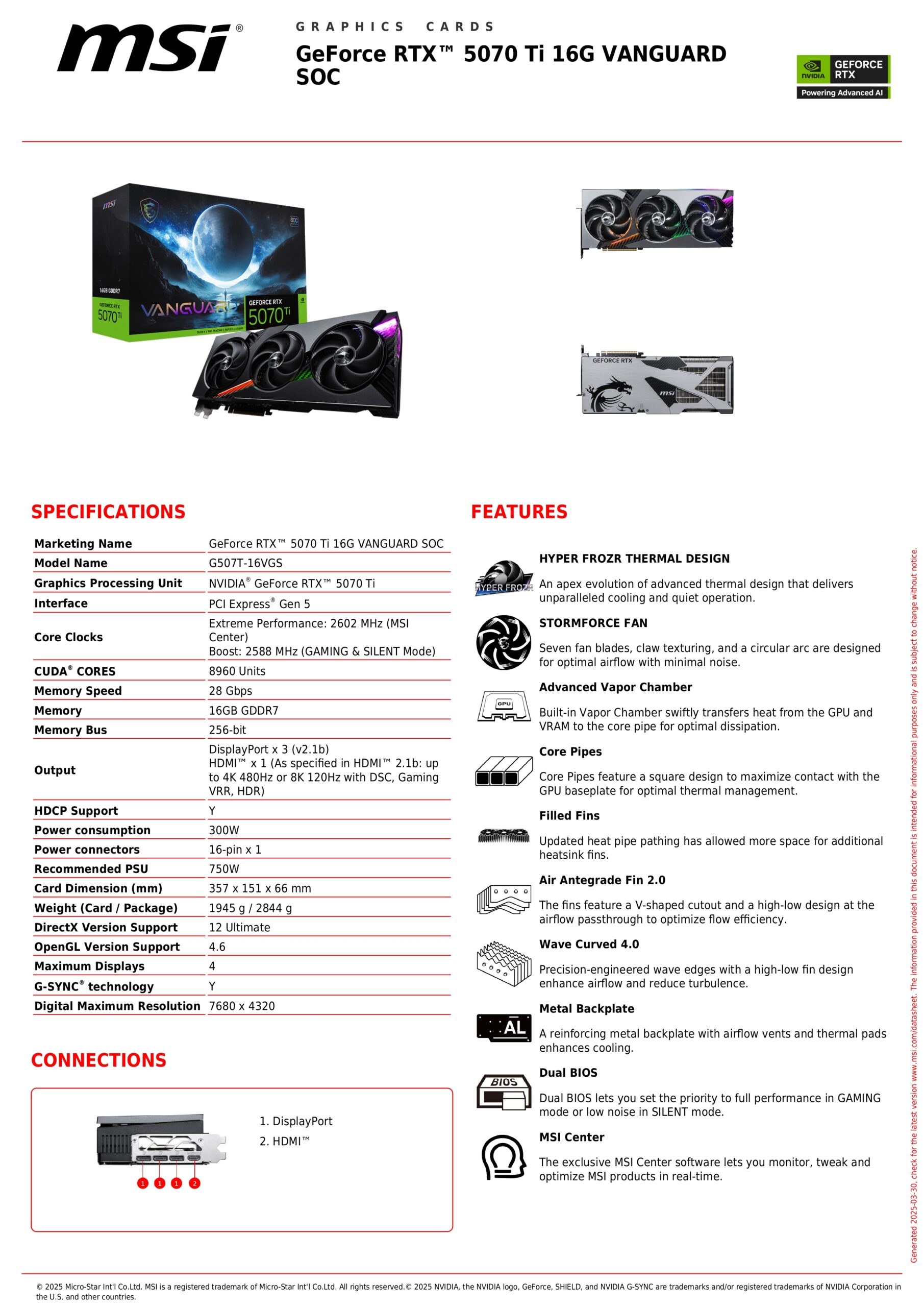MSI RTX 5070 TI VANGUARD SOC 16GB SPECS