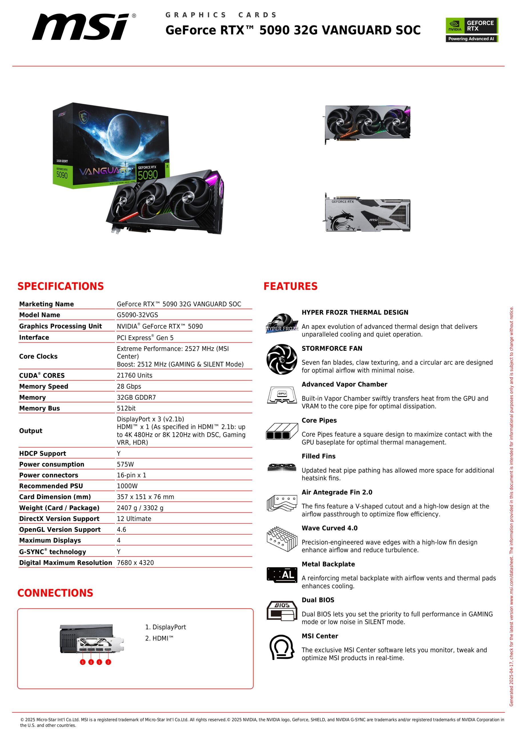 MSI RTX 5090 VANGUARD SOC 32GB SPECS