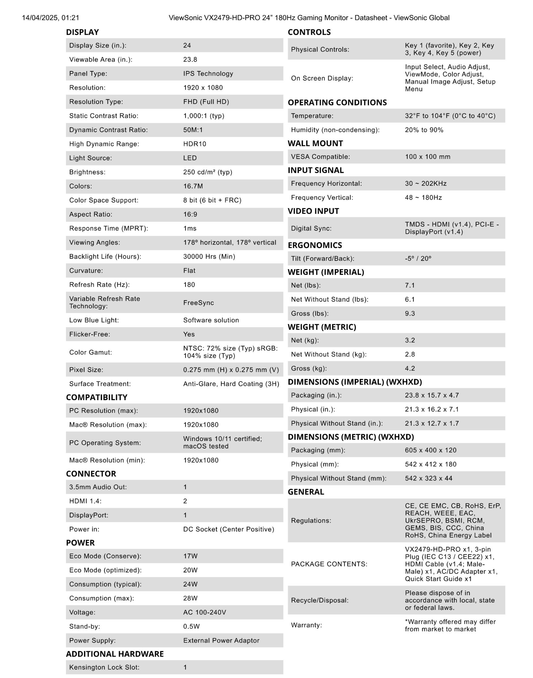 VIEWSONIC VX2479-HD-PRO SPECS